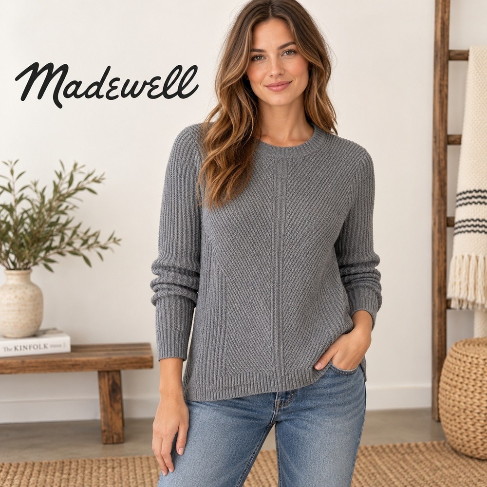 Madewell Gray Mixed Rib Knit Crewneck Sweater Cotton Blend Size Medium